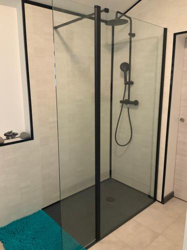 una doccia con box in vetro in un bagno di Gwada Siéva a Baie-Mahault