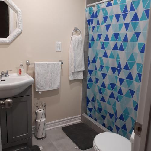 een badkamer met een douche, een toilet en een wastafel bij in beacon hill in Ottawa