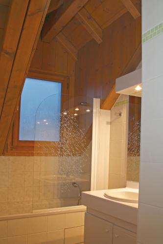 une salle de bain avec douche et lavabo dans l'établissement Lagrange Vacances Les Arolles, à Saint-Gervais-les-Bains
