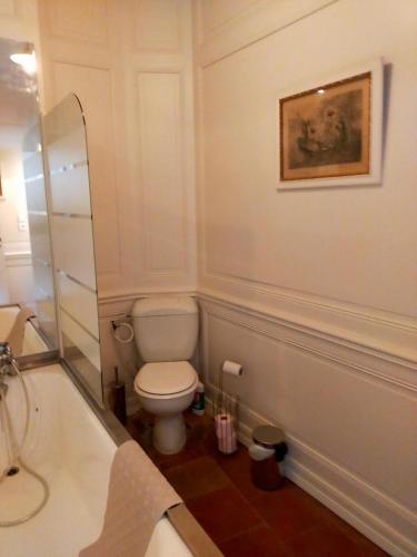 une salle de bain avec toilettes, lavabo et miroir dans l'établissement Logis de Sainte-Scarbes, à Toulouse