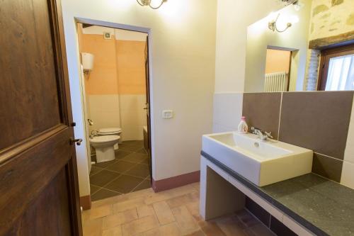 a bathroom with a sink and a toilet and a mirror at Borgo Colognola - Dimora Storica in Cenerente