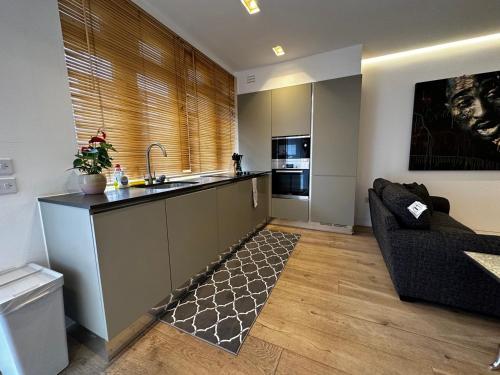una cocina con fregadero y un sofá en una habitación en Ground floor flat in Maida Vale, en Londres