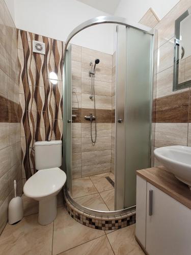 a bathroom with a shower with a toilet and a sink at Penzión Korzo in Štúrovo