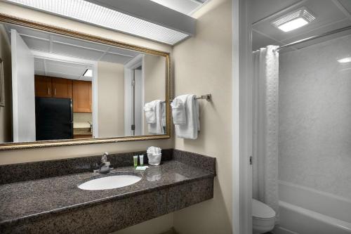 a bathroom with a sink and a mirror at Modern 1BR Oceanfront Condo at Coral Beach Resort in Myrtle Beach