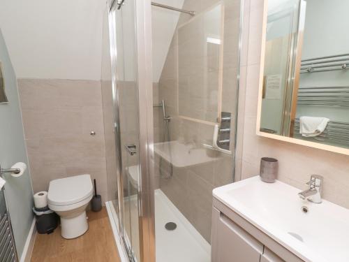 a bathroom with a shower and a toilet and a sink at Alnside Cottage in Alnmouth