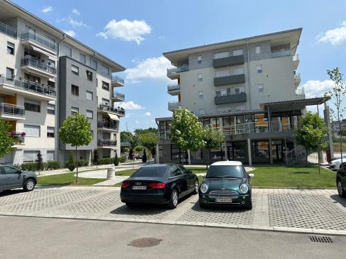 due auto parcheggiate in un parcheggio di fronte agli edifici di Apartman Branković Pirot-Zapadni Kej 58 a Pirot