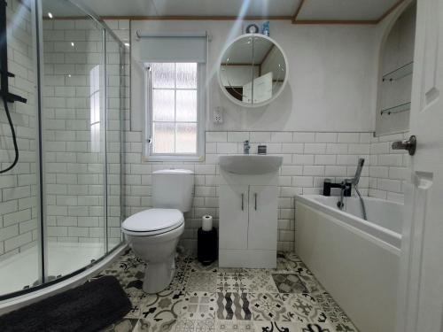 a bathroom with a toilet and a sink and a mirror at Woodland Hot Tub Retreat in Swarland