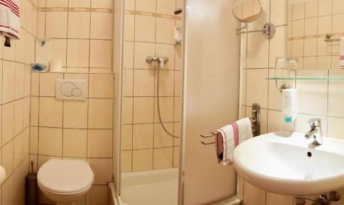 a bathroom with a toilet and a sink and a shower at Hotel Aurelia in Frankfurt/Main
