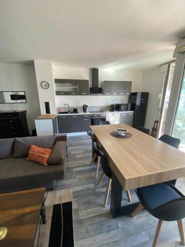 une cuisine et un salon avec une table et un canapé dans l'établissement Chambéry Le Chambellan, à Chambéry