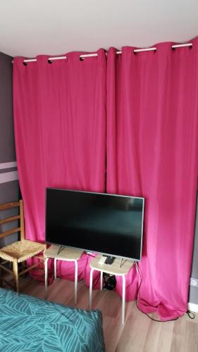 einen TV vor rosa Vorhängen in der Unterkunft kistoumiri in Le Mée-sur-Seine