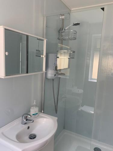 a white bathroom with a sink and a shower at Angies Place in Midhurst