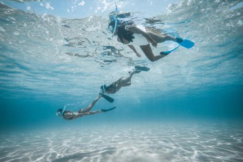 two people swimming in the water in the ocean at Nay Palad Hideaway - All Inclusive Stay in General Luna