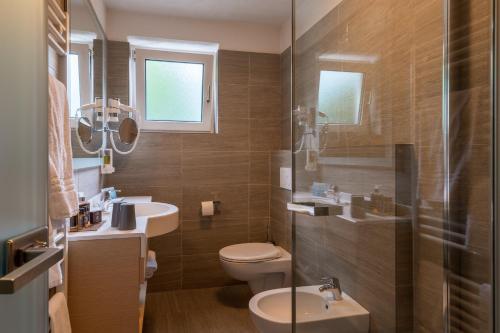 a bathroom with a toilet and a sink and a shower at Hotel Meida in Pozza di Fassa