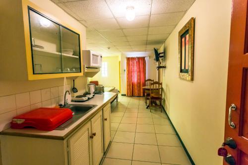 eine Küche mit einer Spüle und einer Arbeitsplatte in der Unterkunft Sundeck Suites in Boissiere Village