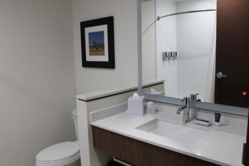 a bathroom with a sink and a toilet and a mirror at Four Points by Sheraton Edmonton West in Edmonton