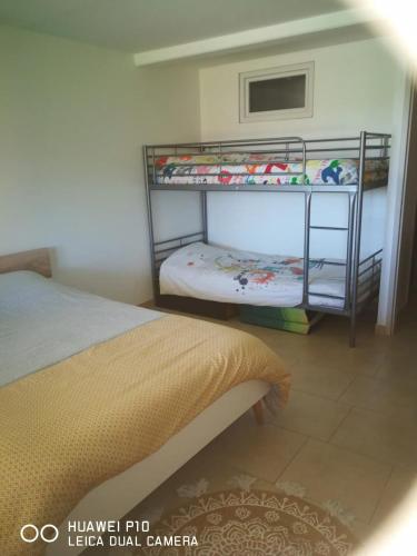 ein Schlafzimmer mit einem Bett und einem Etagenbett in der Unterkunft Logement spacieux agréable in Saint-Privat