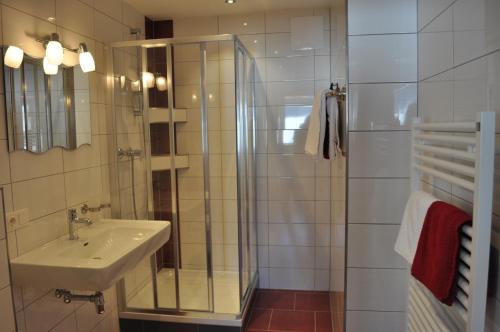 a bathroom with a glass shower and a sink at Haashof in Vordergöriach