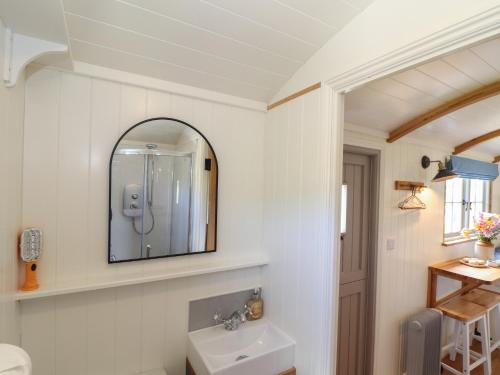 a bathroom with a sink and a mirror at Bosulla Shepherds Hut in Penzance