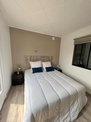 um quarto com uma grande cama branca com almofadas azuis em Maison Saint Michel em Cabourg