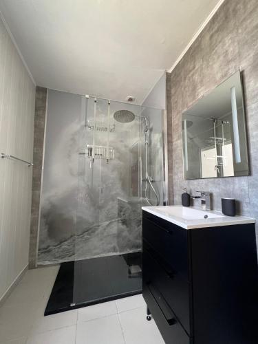 uma casa de banho com um chuveiro e um lavatório. em Maison Saint Michel em Cabourg