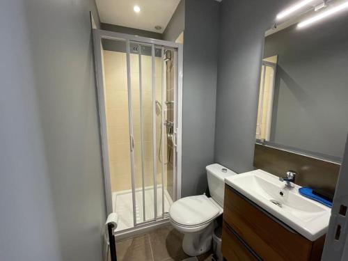 een badkamer met een toilet, een wastafel en een douche bij T2entièrement rénové style industriel in Rodez