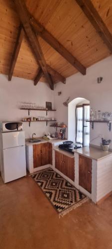 a large kitchen with white appliances and wooden ceilings at Holiday Villa Old Qeparo in Qeparo