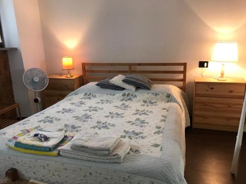 een slaapkamer met een bed met handdoeken erop bij Artemisia in Roisan
