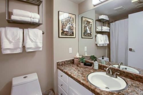 une salle de bain avec un lavabo et un miroir dans l'établissement Wolf Creek Lodge Condo in Eden, UT - Relaxing Mountain Retreat, à Eden