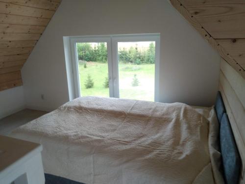 a bedroom with a bed with a large window at Domek letniskowy in Kolno