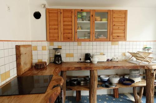 a kitchen with a wooden counter top and wooden cabinets at Gîte au cœur d'une résidence d'artiste in Saint-Aubin-de-Bonneval