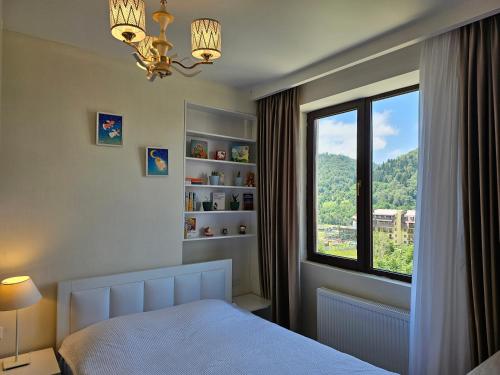 a bedroom with a bed and a window at Bakuriani Ski Apartment-Didveli Tulip A34 in Bakuriani