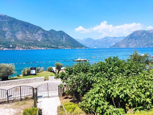 a view of a lake with mountains in the background at Trinity Apartment Seafront in Kotor