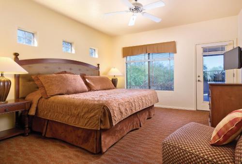 1 dormitorio con 1 cama y ventilador de techo en WorldMark Rancho Vistoso en Oro Valley