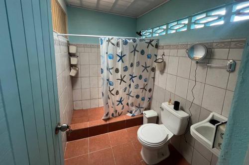 a bathroom with a toilet and a shower curtain at Casa tortuga in Puntarenas
