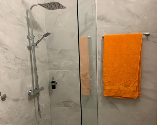 an orange towel is on a glass shower door at Villa Dyrrahu in Golem