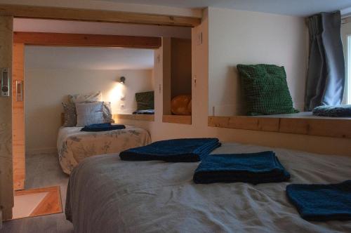 - une chambre avec 2 lits et un miroir dans l'établissement Panorama apartment Briancon, à Briançon