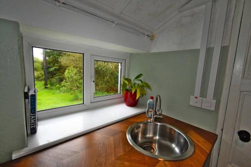 een badkamer met een wastafel voor een raam bij Peaceful Cottage in Cork