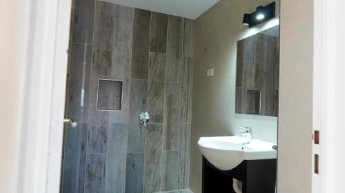 a bathroom with a sink and a mirror and a shower at CQ PARRY in Puerto Madryn