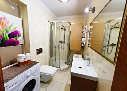 La salle de bains est pourvue d'une douche, de toilettes et d'un lavabo. dans l'établissement Apartamenty Sun&Fun Royal, à Karpacz
