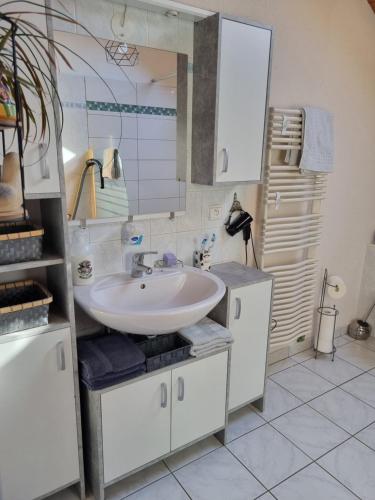 a bathroom with a white sink and a mirror at Comme à la maison, chambres au calme in Verrens-Arvey