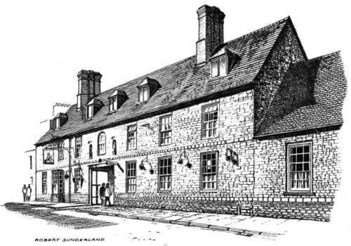 a black and white drawing of a building at Saracens Head Hotel by Greene King Inns in Towcester