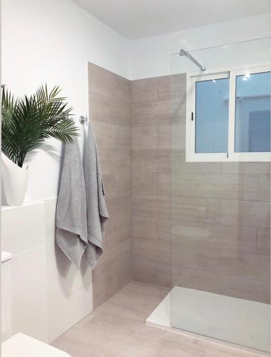 a bathroom with a shower with a glass door at Isamena in Las Playas
