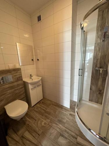 a bathroom with a toilet and a shower at Apartament Krasnostawski in Krasnystaw