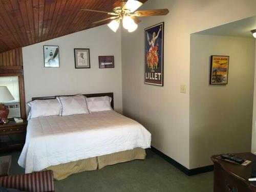 Schlafzimmer mit einem Bett und einem Deckenventilator in der Unterkunft Beaumont Hotel 