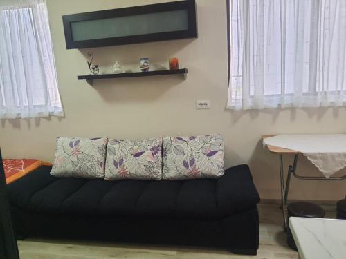 - un canapé noir dans le salon doté d'une télévision à écran plat dans l'établissement Rent House Pogradec, à Pogradec