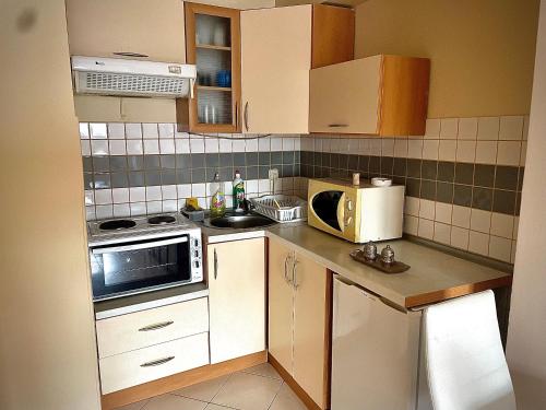 奥赫里德SM Apartment Center的小厨房配有白色橱柜和微波炉