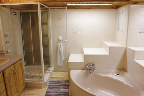 a bathroom with a shower and a tub and a sink at Tzaneen Guest House in Tzaneen