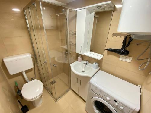 a bathroom with a shower and a toilet and a sink at Sutorange in Sutomore