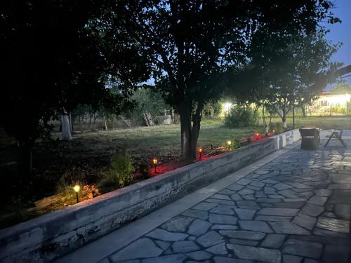 a walkway with lights in a park at night at Βίλα Θαλεια in Káto Lekhónia