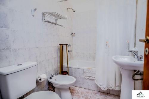 uma casa de banho branca com um WC e um lavatório em Hostería Bella Ushuaia em Ushuaia